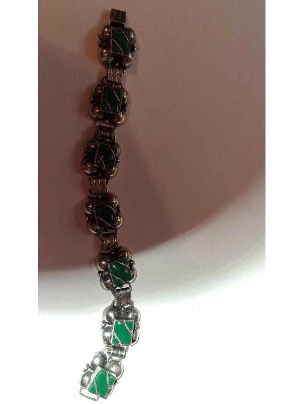 Mexico Sterling Stamped Chrysoprase Green Stone Bracelet comprised of six links.